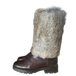 Frye Vintage Natalie Rabbit Fur Cuffed Burgundy Leather Boots 7.5